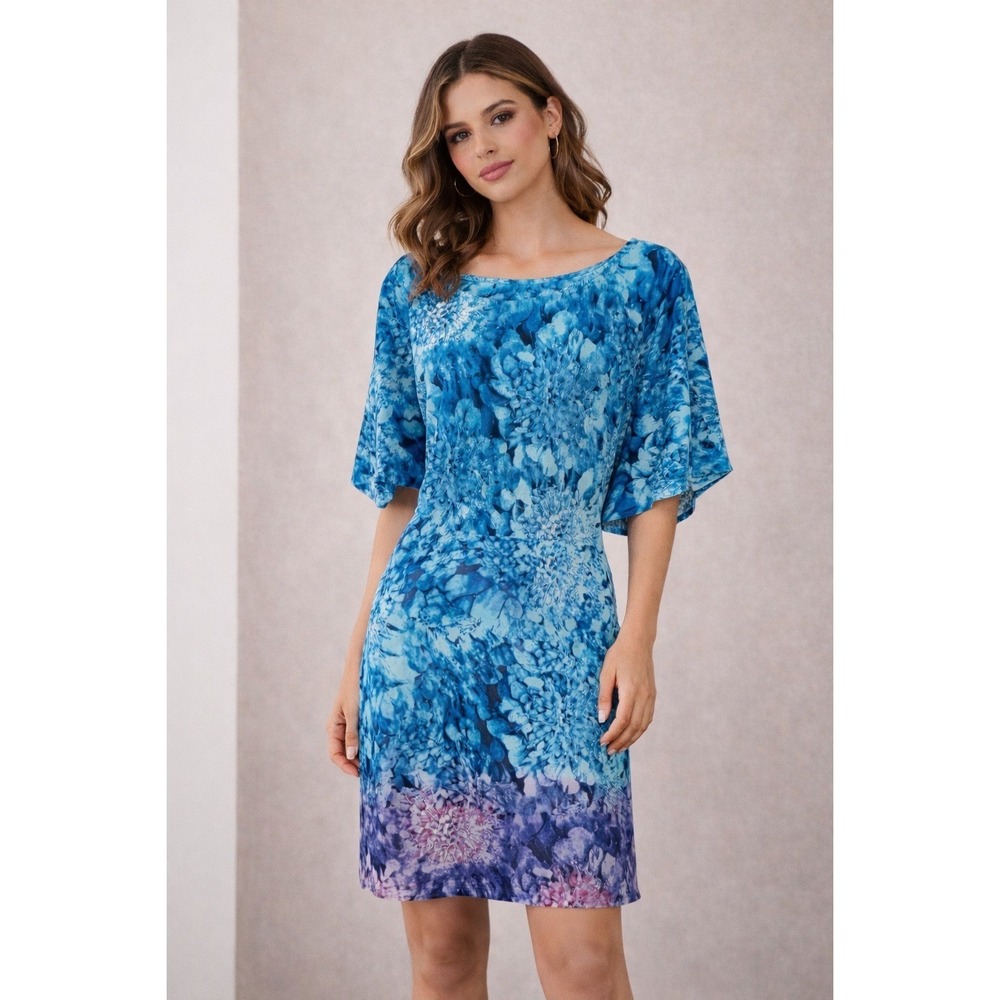 BCBGMAXAZRIA Blue Floral Ombre Flutter‎ Sleeve Tie Back Shift Mini Dress Large